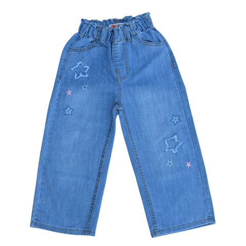 Girls Wide Leg Denim Jeans with Elastic Waist & Star Embroidery