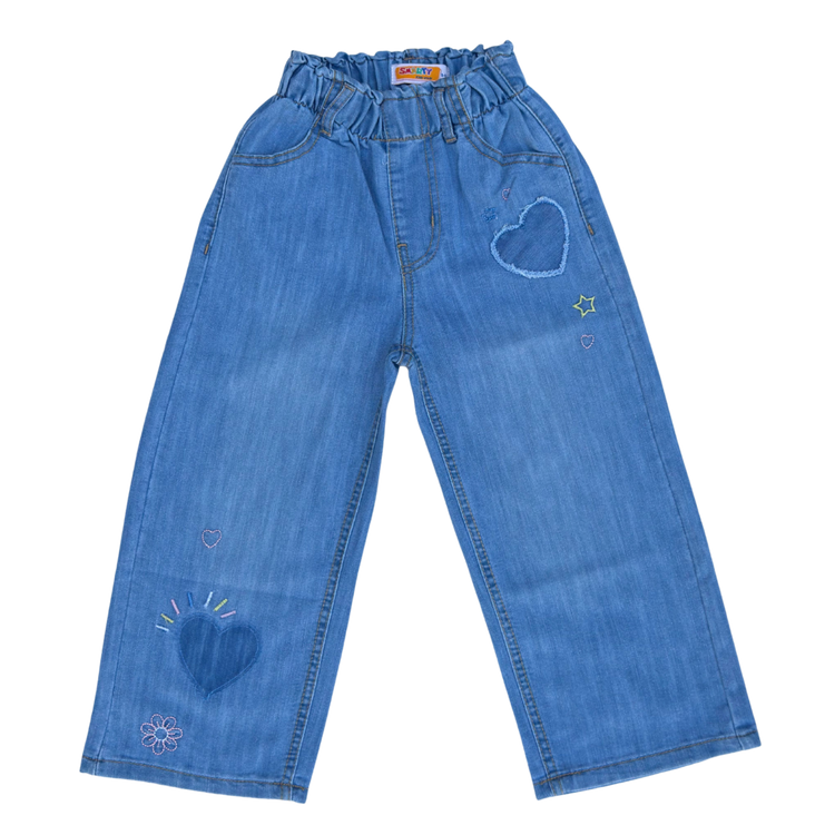 Girls Light Blue Heart Embroidered Denim Jeans