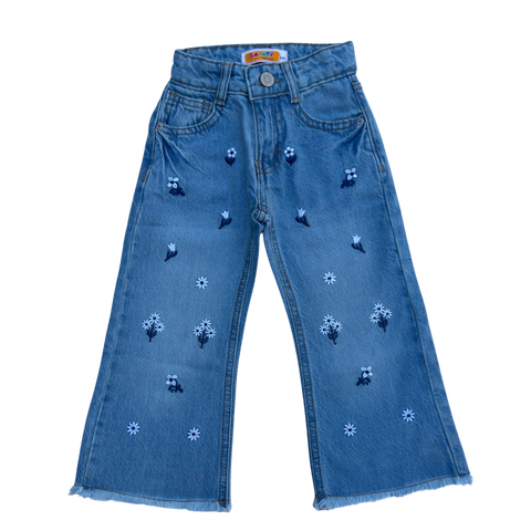 Girls Wide Leg Denim Jeans with Floral Embroidery