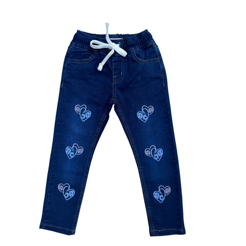 Girls Heart Embroidered Blue Denim Jeans