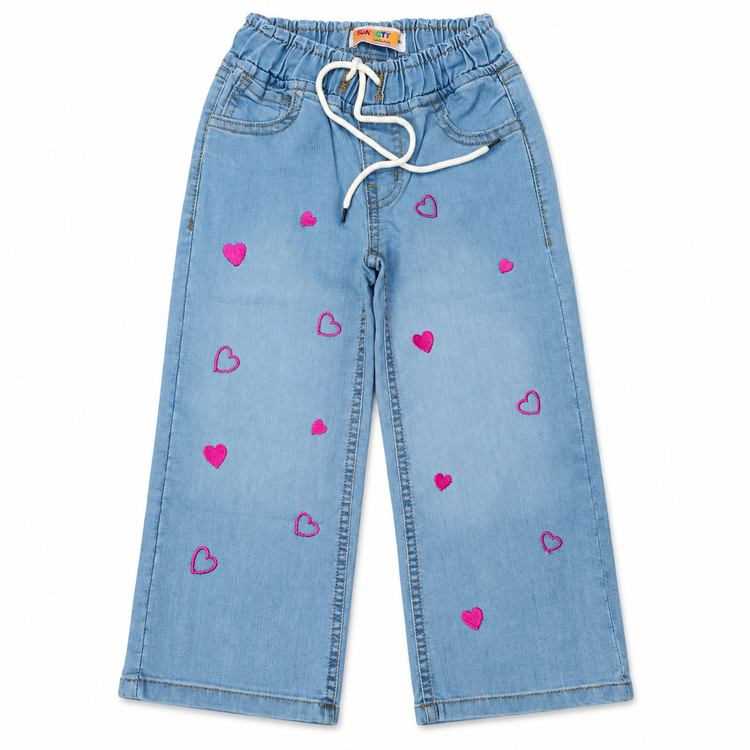 Girls Pink Heart Embroidered Wide-Leg Jeans