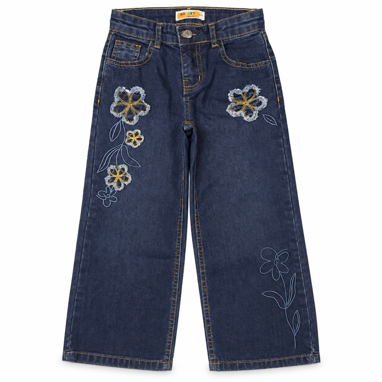 Girls Floral Embroidered Wide-Leg Denim Jeans