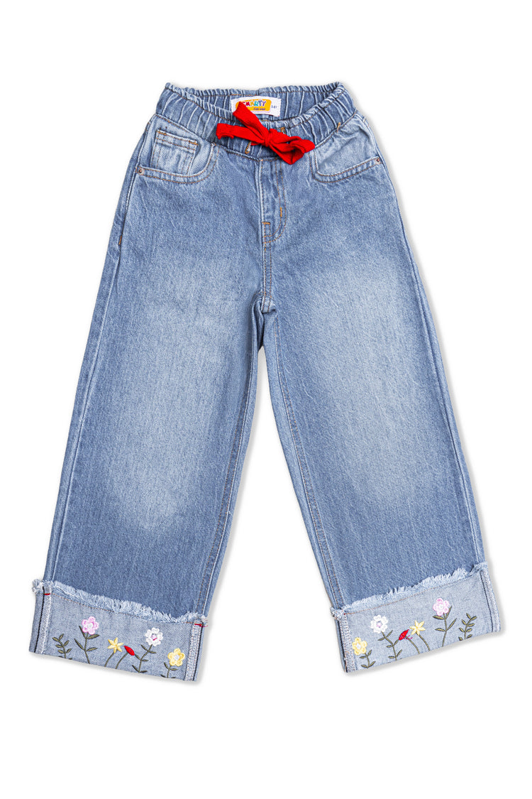 Girls wide leg Jeans with Elastic Waist & Floral Embroidery