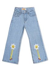 Girls Light Blue Denim Jeans with Embroidered Flower Design
