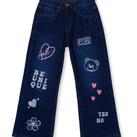 Girls wide Leg printed denim pant