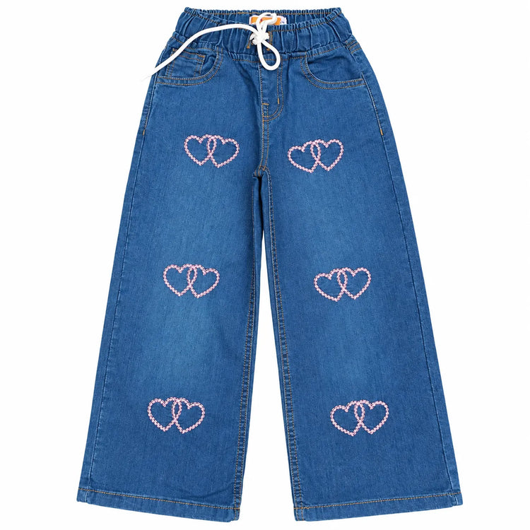 Girls blue wide leg jeans with pink double heart embroidery
