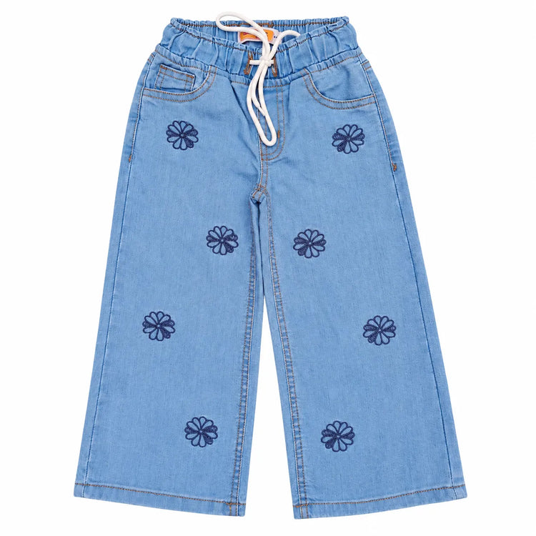 Girls light blue floral embroidered wide leg denim jeans