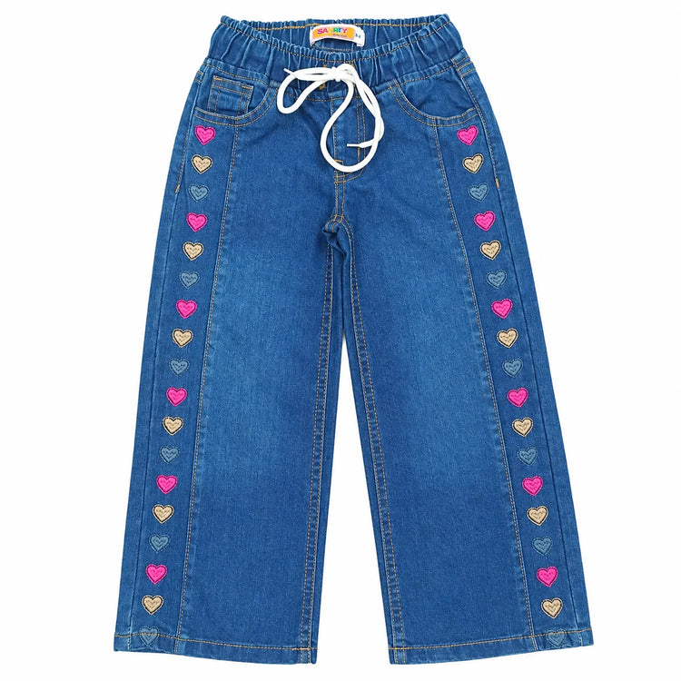 Girls heart embroidered blue wide leg denim jeans
