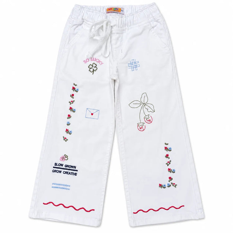 Girls white embroidered wide leg pants