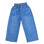 Girls Wide Leg Denim Jeans with Elastic Waist & Star Embroidery