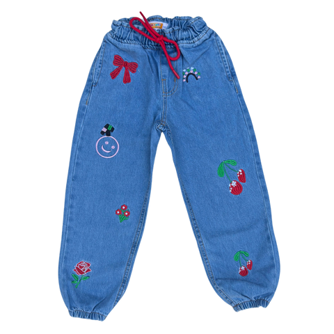 Girls Embroidered Denim Jogger Pants