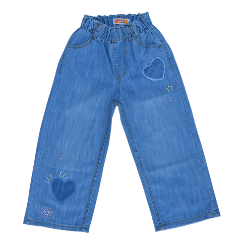 Girls Light Blue Heart Embroidered Denim Jeans