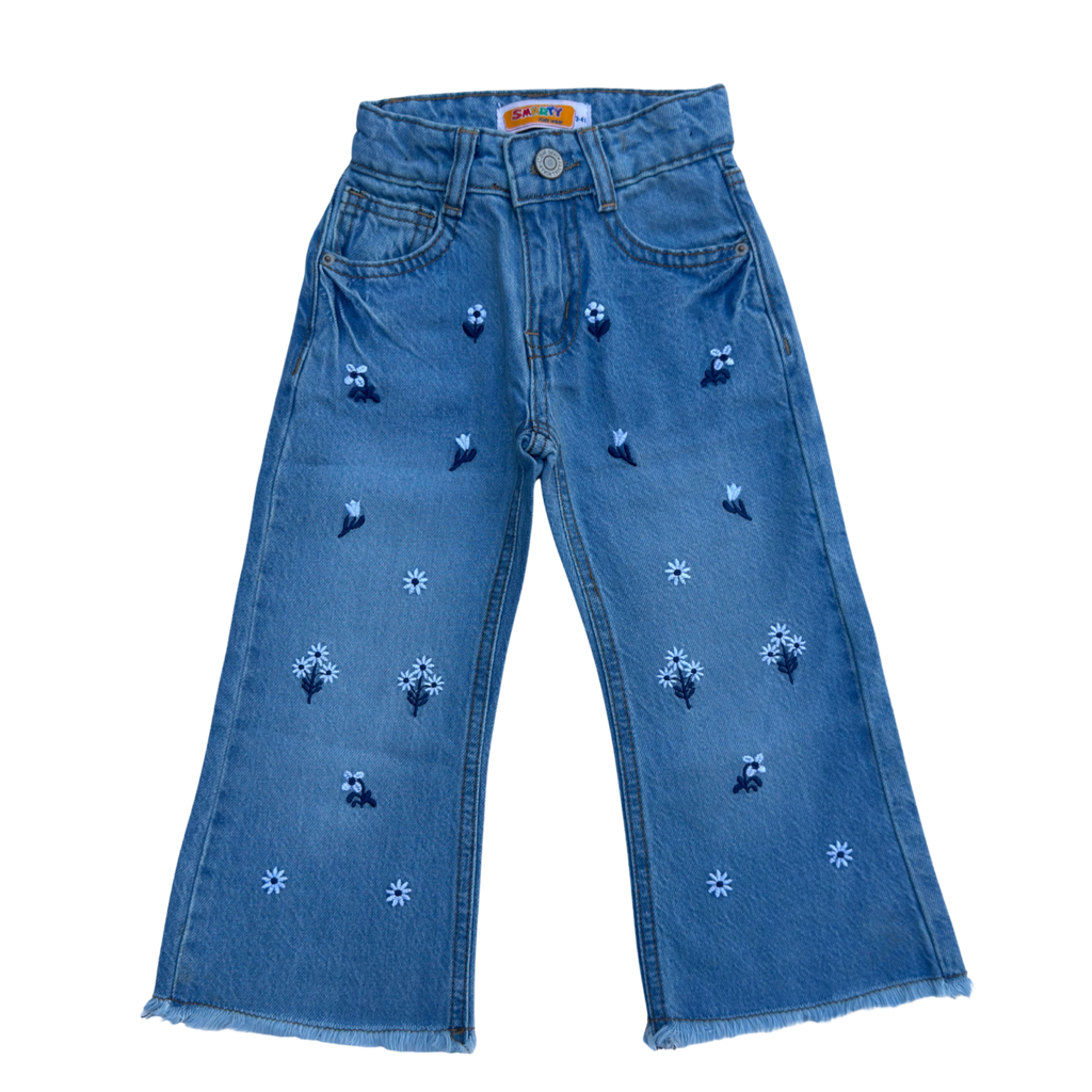 Girls Wide Leg Denim Jeans with Floral Embroidery