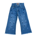 Girls Wide Leg Denim Jeans with Floral Embroidery