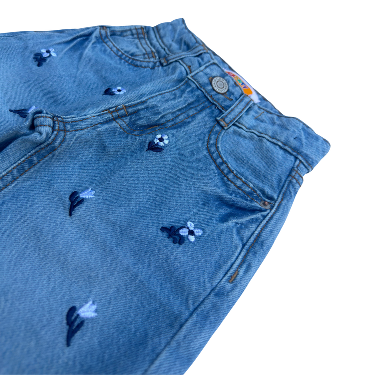 Girls Wide Leg Denim Jeans with Floral Embroidery