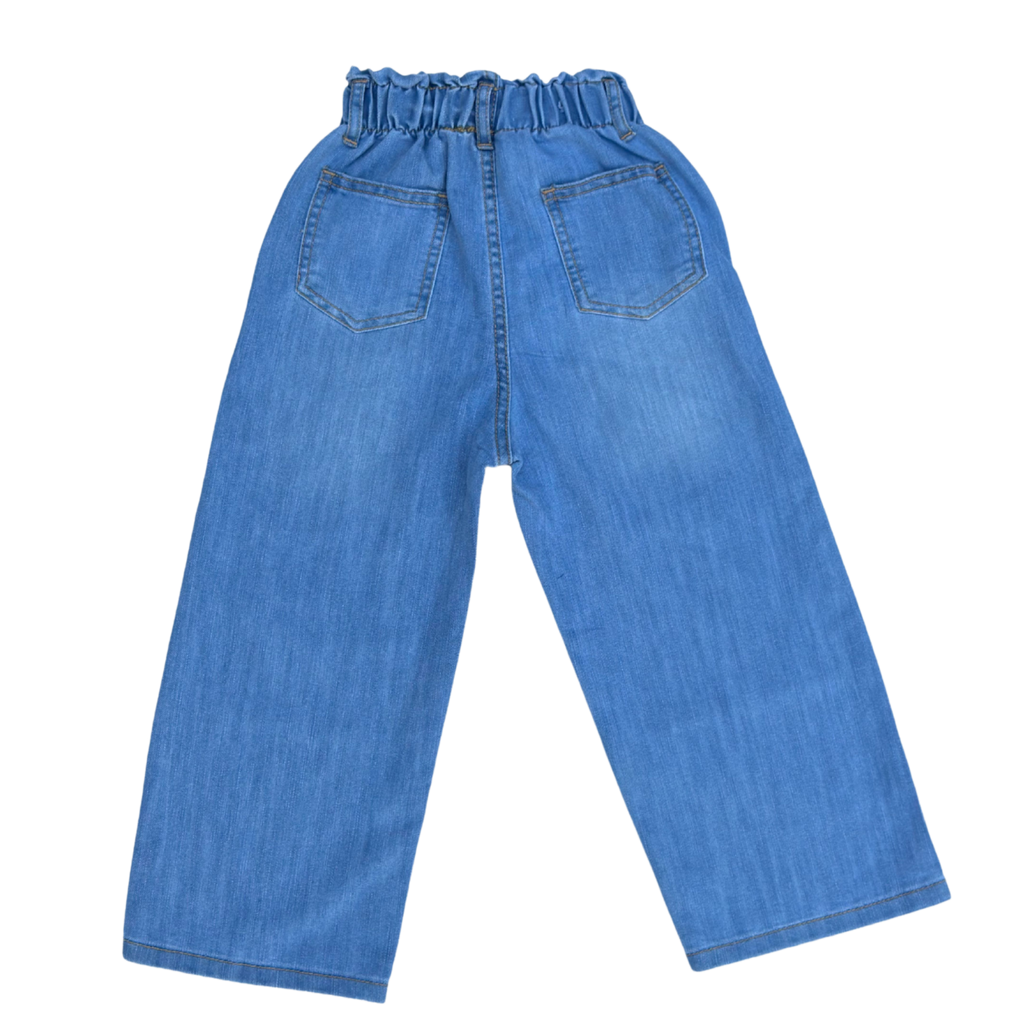 Girls Wide Leg Denim Jeans with Elastic Waist & Star Embroidery