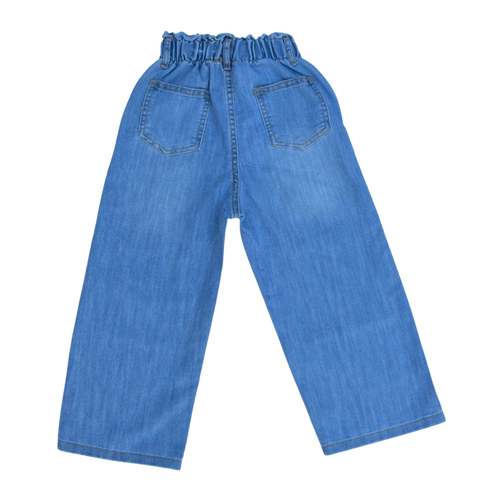 Girls Wide Leg Denim Jeans with Elastic Waist & Star Embroidery