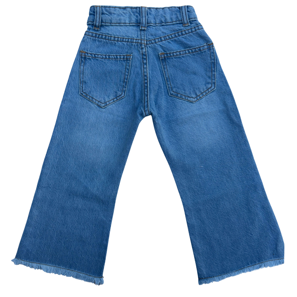 Girls Wide Leg Denim Jeans with Floral Embroidery