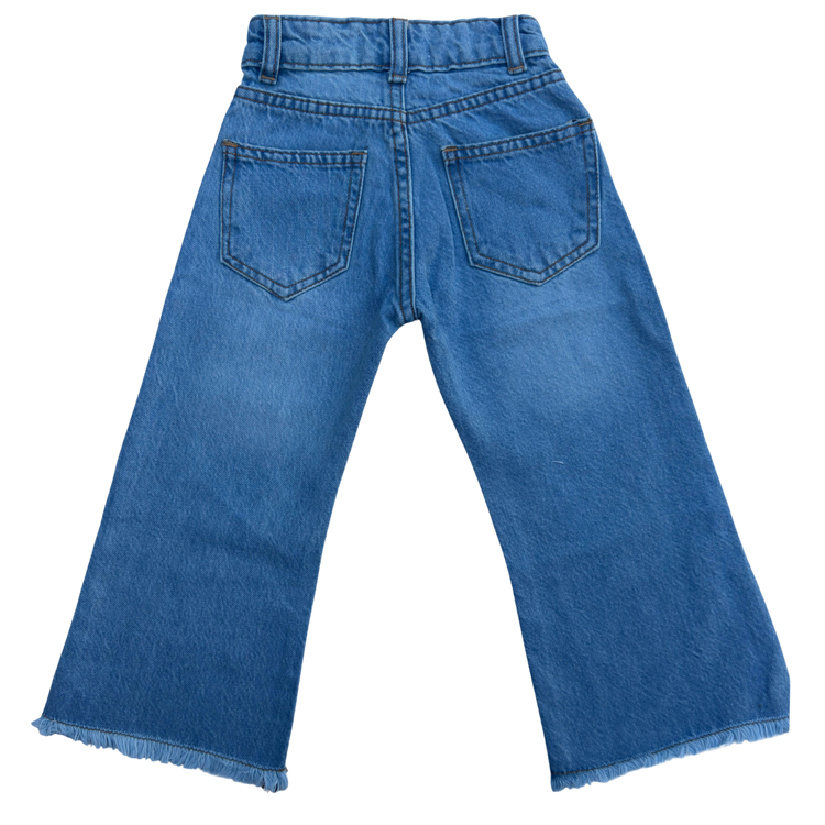 Girls Wide Leg Denim Jeans with Floral Embroidery