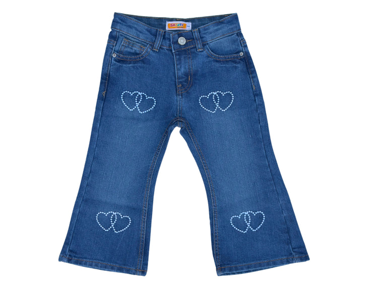Girls Wide Leg Denim Bottom Jeans | Heart Print Blue Jeans