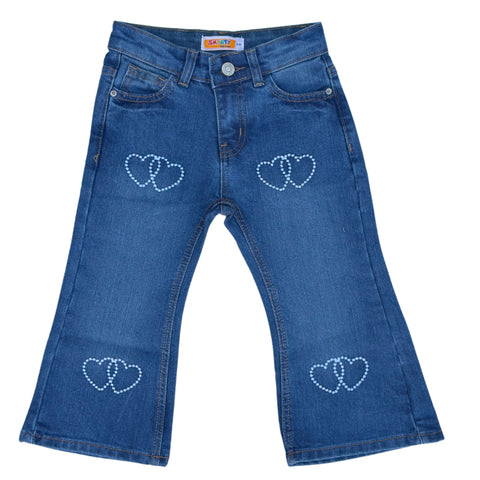 Girls Wide Leg Denim Bottom Jeans | Heart Print Blue Jeans