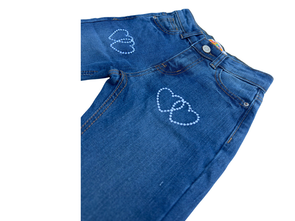 Girls Wide Leg Denim Bottom Jeans | Heart Print Blue Jeans