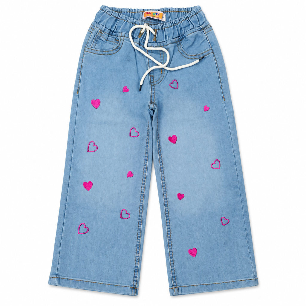 Girls Pink Heart Embroidered Wide-Leg Jeans