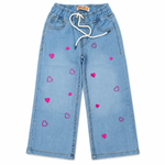 Girls Pink Heart Embroidered Wide-Leg Jeans