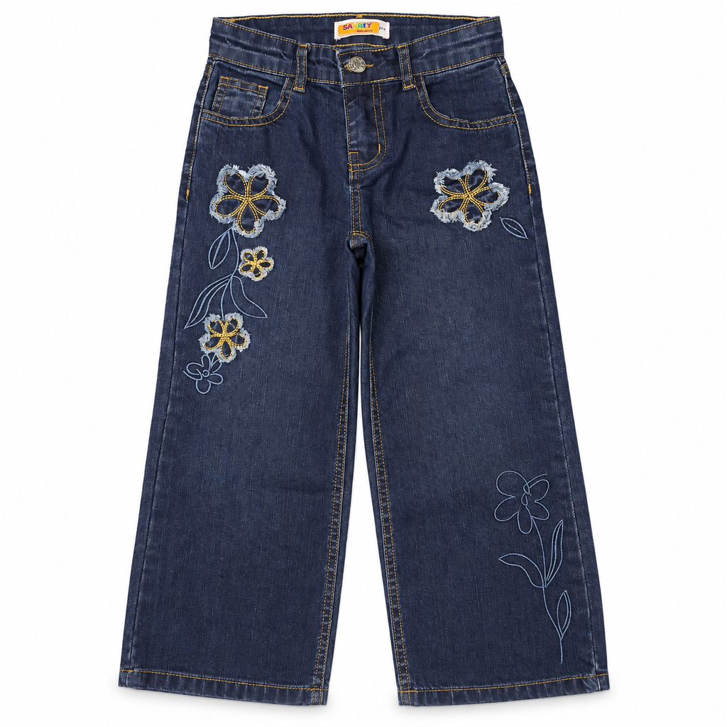 Girls Floral Embroidered Wide-Leg Denim Jeans