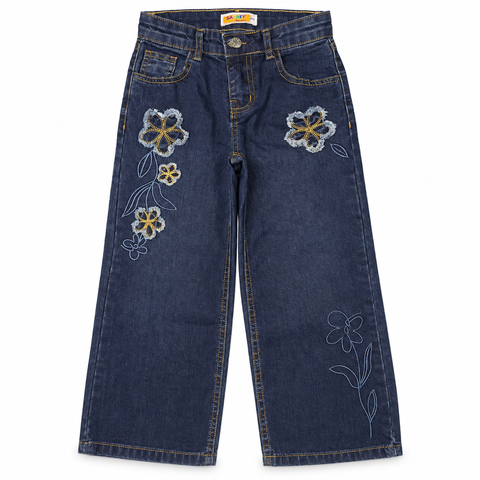 Girls Floral Embroidered Wide-Leg Denim Jeans