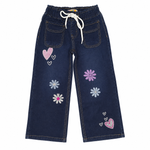Girls Heart & Floral Embroidered Wide-Leg Jeans