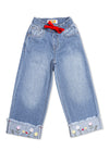 Girls wide leg Jeans with Elastic Waist & Floral Embroidery