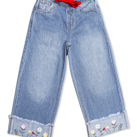 Girls wide leg Jeans with Elastic Waist & Floral Embroidery