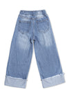 Girls wide leg Jeans with Elastic Waist & Floral Embroidery