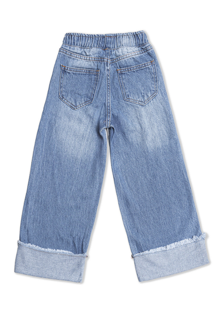 Girls wide leg Jeans with Elastic Waist & Floral Embroidery