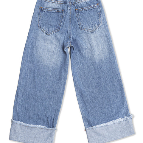Girls wide leg Jeans with Elastic Waist & Floral Embroidery