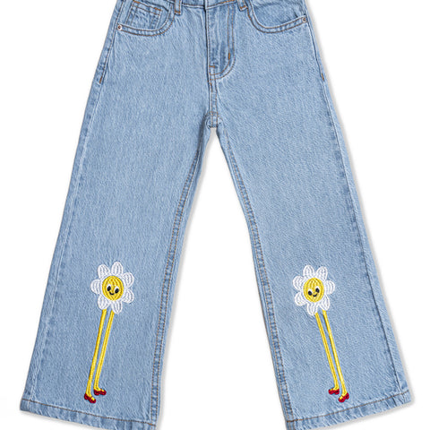 Girls Light Blue Denim Jeans with Embroidered Flower Design