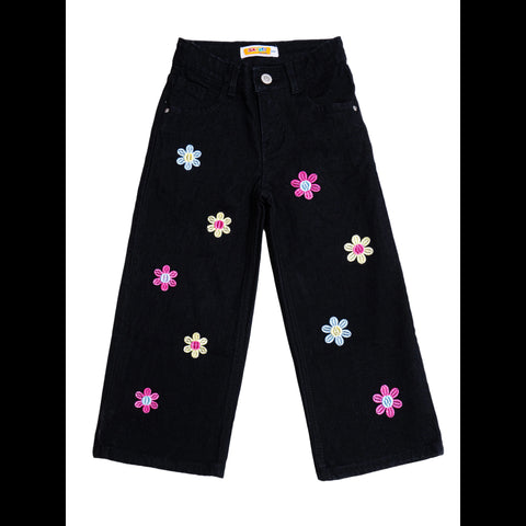 Girls Black Denim Jeans with Colorful Embroidered Flower Design
