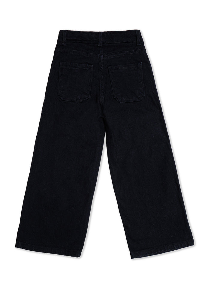 Girls Black Denim Jeans with Colorful Embroidered Flower Design