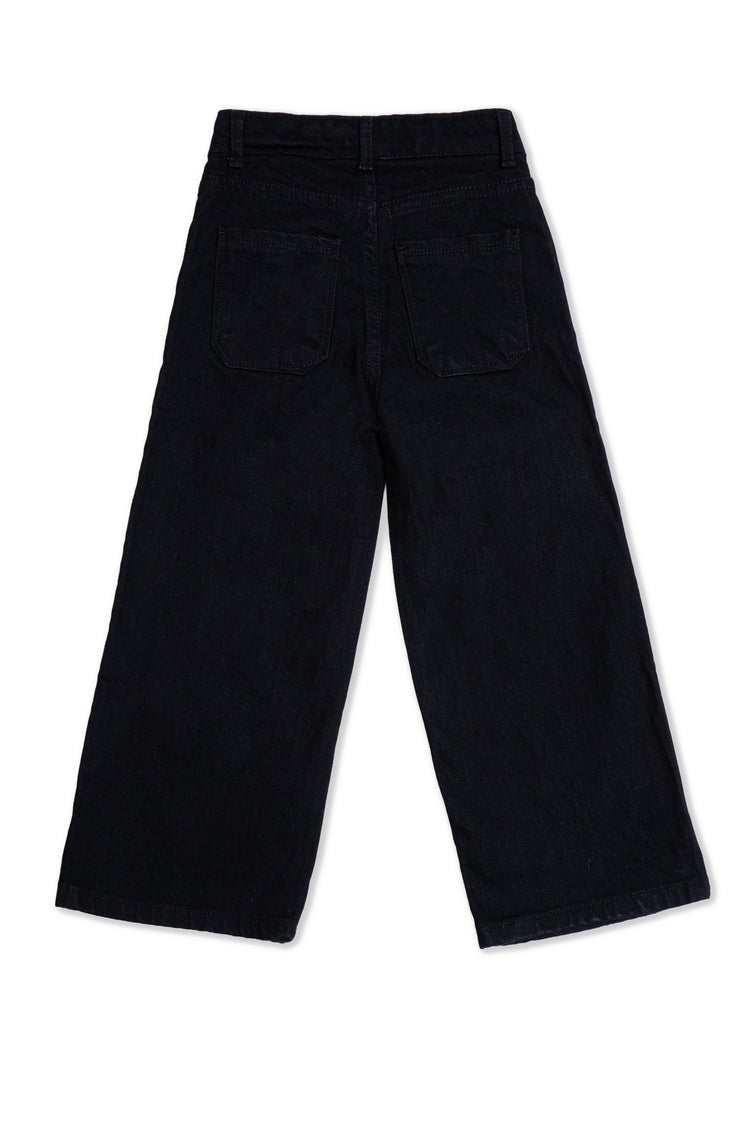 Girls Black Denim Jeans with Colorful Embroidered Flower Design