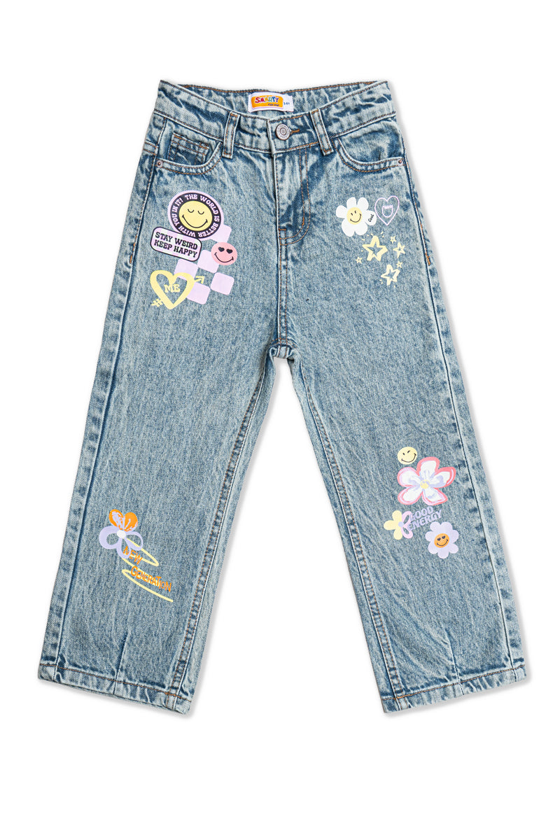 Girls Light Blue Printed Denim Jeans