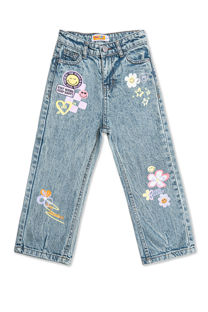 Girls Light Blue Printed Denim Jeans