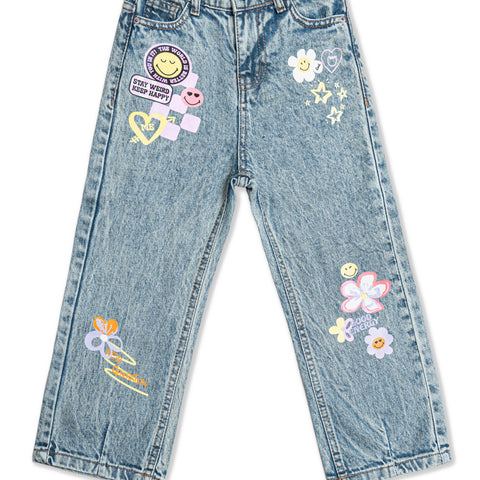 Girls Light Blue Printed Denim Jeans