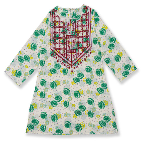 white kurti with light green flowers embroidery