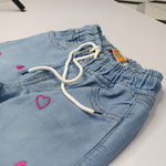Girls Pink Heart Embroidered Wide-Leg Jeans
