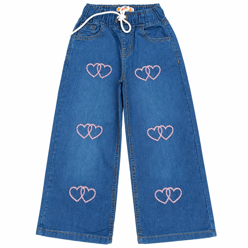Girls blue wide leg jeans with pink double heart embroidery
