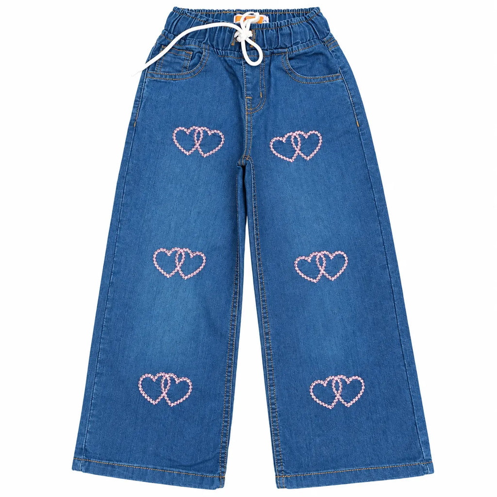 Girls blue wide leg jeans with pink double heart embroidery