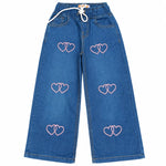 Girls blue wide leg jeans with pink double heart embroidery