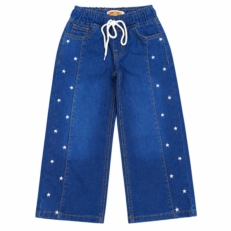 Girls blue wide leg denim jeans with white star details