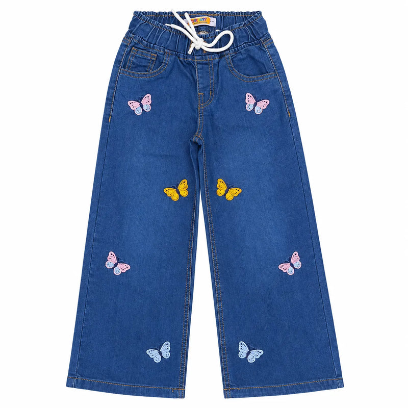 Girls blue wide leg denim jeans with butterfly embroidery